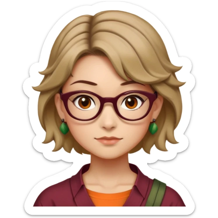 A girl with very short hair not with a helmet but short like Rapunzel from brown and wavy dark blonde with brown eyes and light complexion burgundy glasses and an orange shirt with the ninja turtle drawn orange and has earrings like those of Tanjiro Kamado sticker