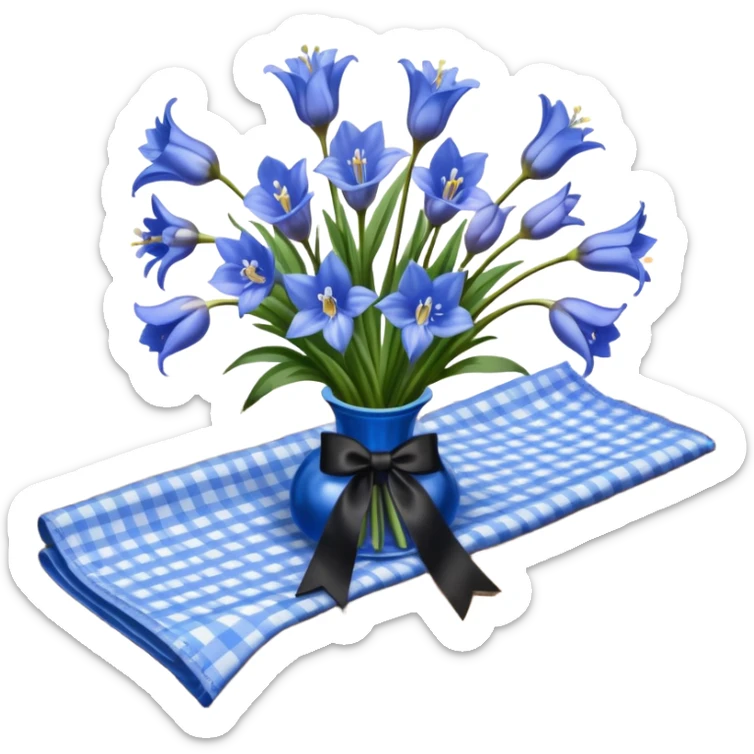 A lush bouquet of bright blue color bluebell black satin ribbon, resting on an antique wooden table, with a pale yellow and pink plaid pattern table cloth sticker