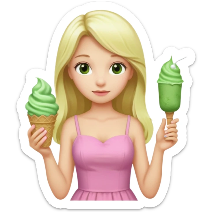 girl blonde long hair in pink dress,  holding matcha ice cream sticker