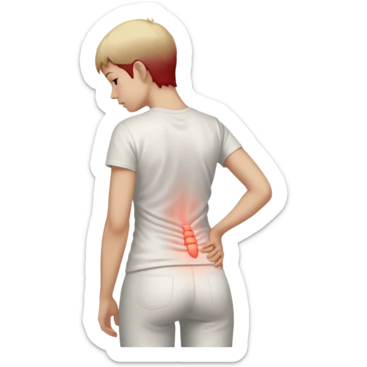 A realistic medical illustration of a person standing and holding their lower back in pain. A soft red glow highlights the lower back area to indicate soreness. The person has a natural expression of discomfort. Clean white background, even lighting, clinical style, full body view. sticker