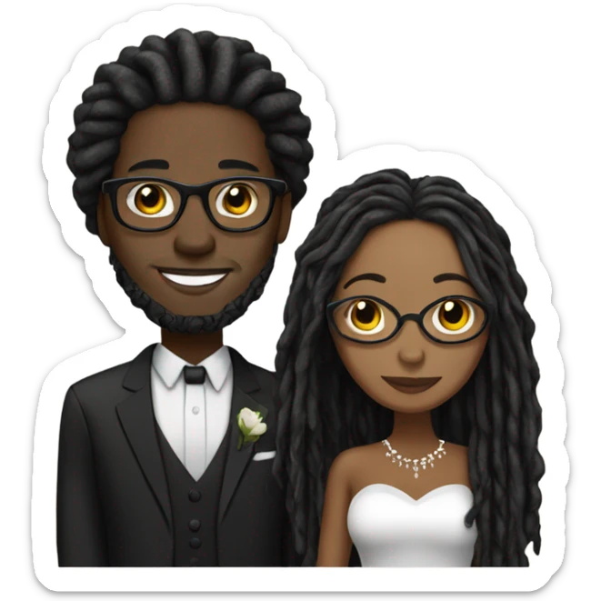 black couple with locs, male light skin with long black locs, female dark skin with glasses and BLACK locs wedding sticker