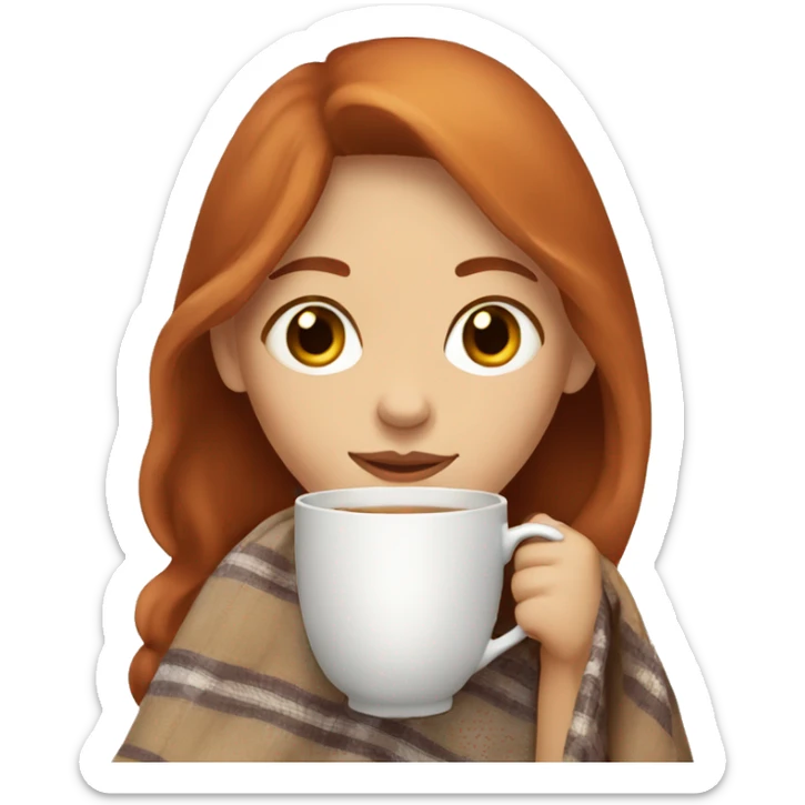 girl with reddish hair with brown eyes with blanket around shoulders sipping tea sticker