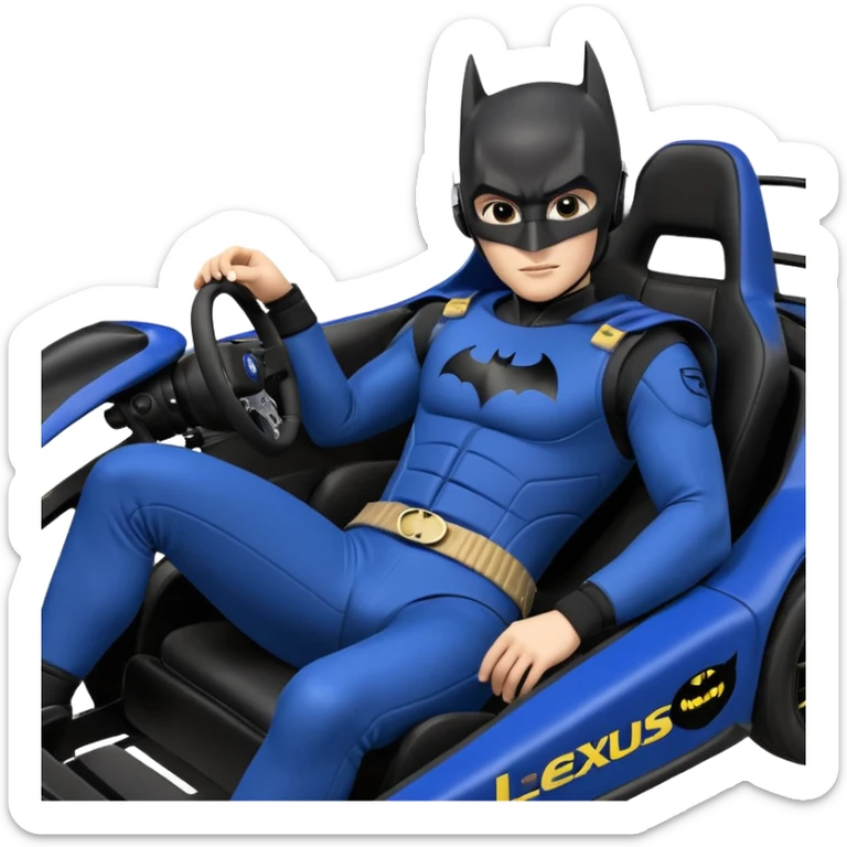 scale real-appearance road racing sexy muscular Batman’s masculine midnight-colored tight outfit 1970’s tv style dark knight stealthy accurate sporty safe plush deluxe off-road pursuit drifting F1 car lexus (black hair,reclining and relaxed torso and shoulders back against seat) rallycross kart  sticker