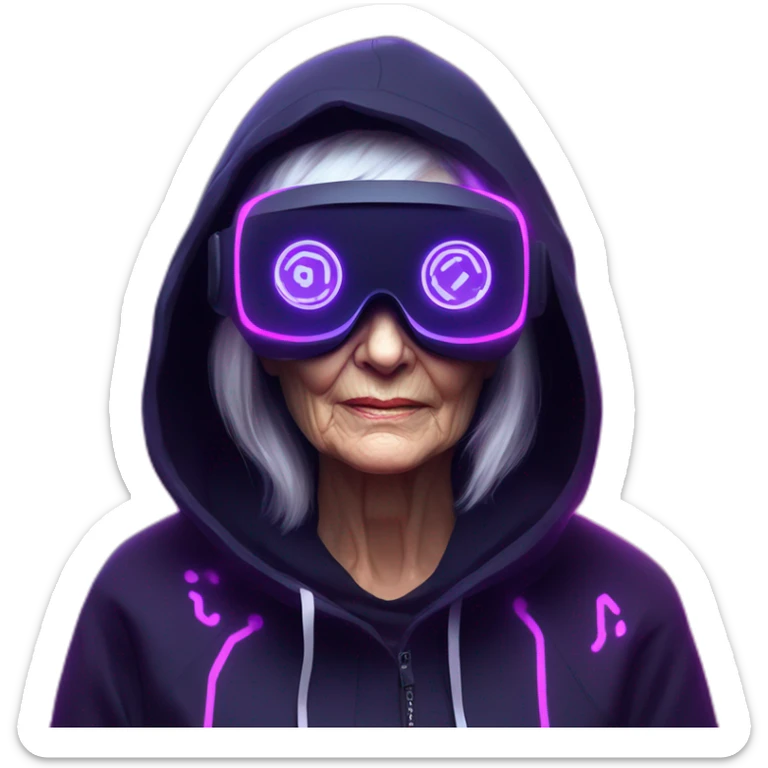Russian old woman wearing a black hoodie with "OMG" letters on it and VR headset in a cyberpunk VR environment with violet neon lighting. sticker