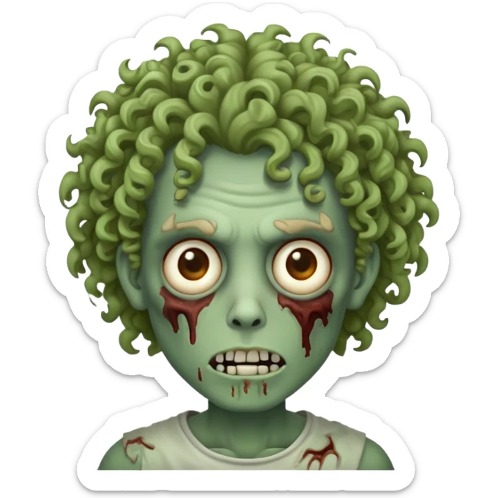 Create an emoji of a zombie with curly hair and light brown eyes sticker