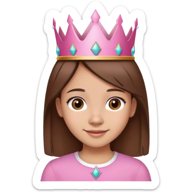 girl with straight brown hair, brown eyes, wearing a pink shirt and a crown, with a birthmark on the left side of her nose, smiling, birthday theme sticker