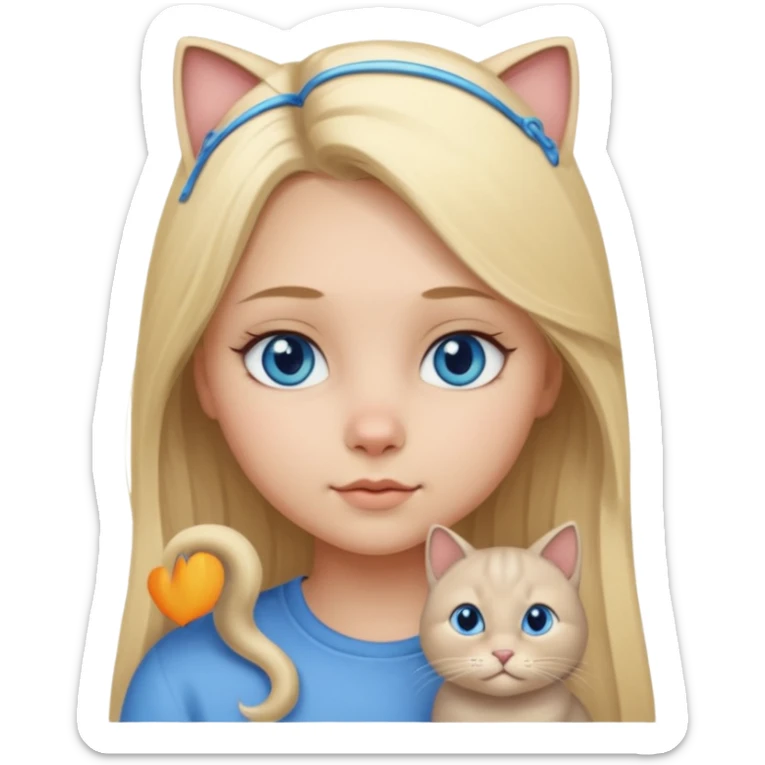 blonde girl with long blonde hair and blue eyes with chubby gray cat sticker