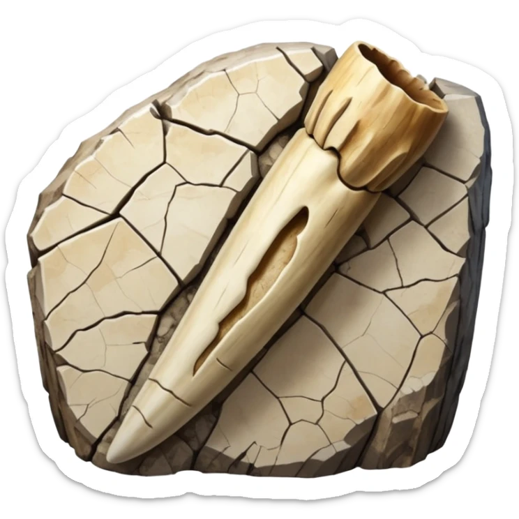 3D render of Mammoth Tusk, embedded in a chunk of rough sedimentary rock, cracked stone texture, ancient fossil aesthetic, weathered white ivory texture with cracks, matte dry finish, Apple emoji style, isolated on white background --v 6.0. sticker