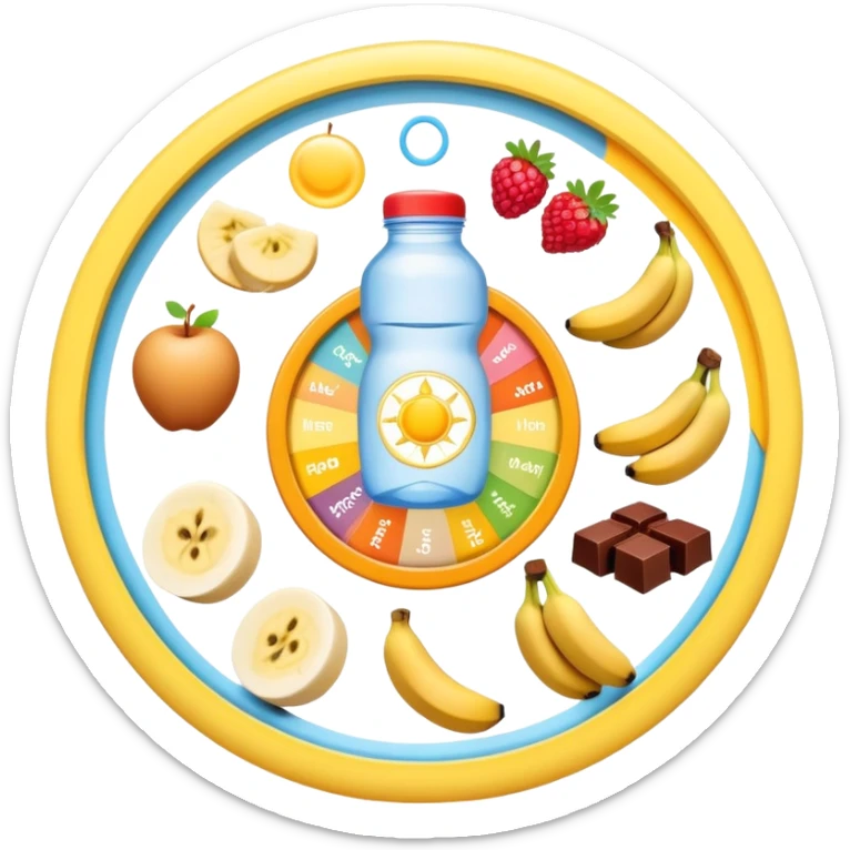 Magical daily routine wheel: water bottle, sun, chicken and rice, banana and shake, dumbbell, yogurt, chocolate and fruits, and moon symbol arranged in a wheel pattern with glowing connections between each element sticker