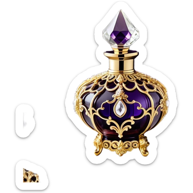 A luxurious French vintage-style perfume bottle in deep purple, with an ornate crystal stopper and intricate gold filigree detailing. The bottle has an elegantly curved shape, reminiscent of classic 18th-century perfume designs. It sits atop a delicate lace-covered vanity table, surrounded by pearls and antique silver accessories. Soft candlelight casts a warm, romantic glow, highlighting the rich texture of the glass and metallic accents sticker