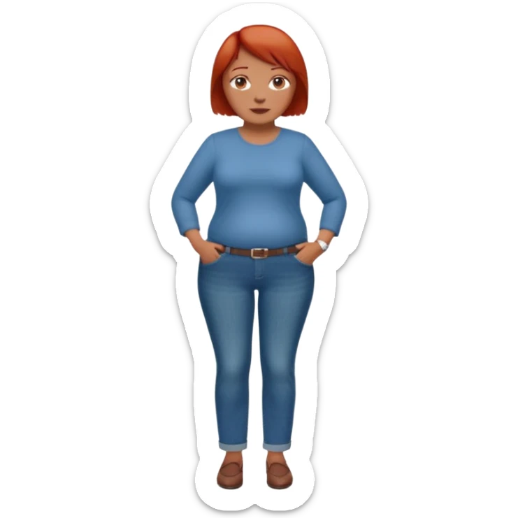Lazy old Short woman with straight short red hair and fat tummy..wears business casual jeams and full sleeve  tshirt. Not smart looking ill fitting clothes sticker