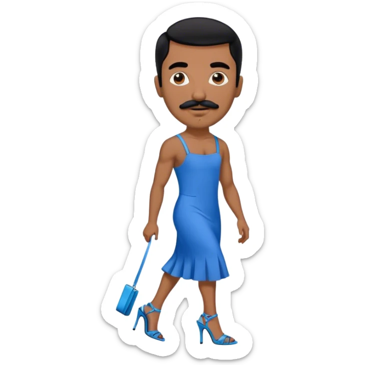 Man in a blue dress and blue strappy high heels with black hair and black mustache and brown skin sticker