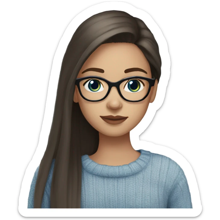 light skin, dark brown hair, blue eyes, long straight hair, girl wearing aesthetic sweater, glasses sticker