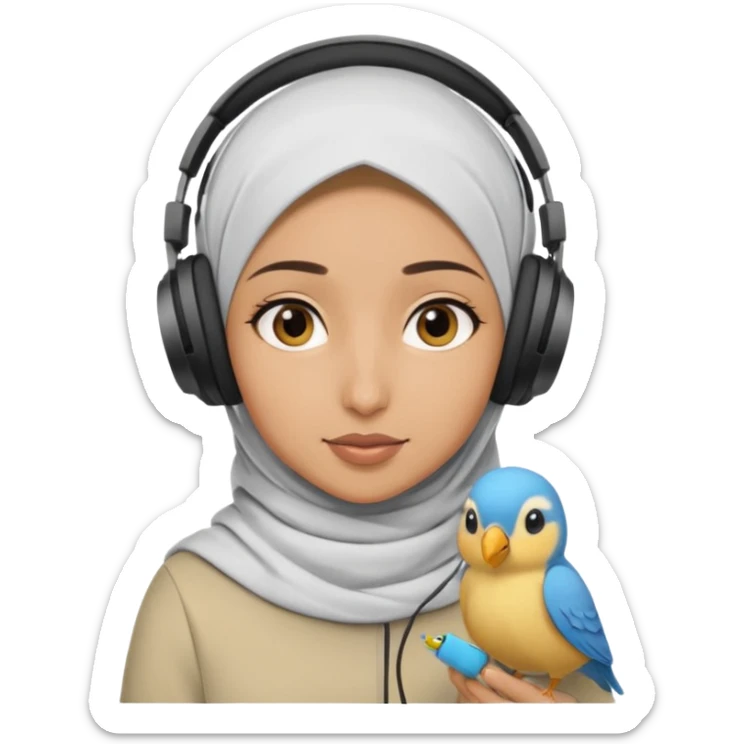 A hijabi girl with a medium skin tone wearing headphones with a small birdie on her head sticker