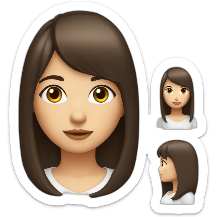 Fille brune avec des yeux bleux et des cheuveux lisse blanche avec une frange sticker