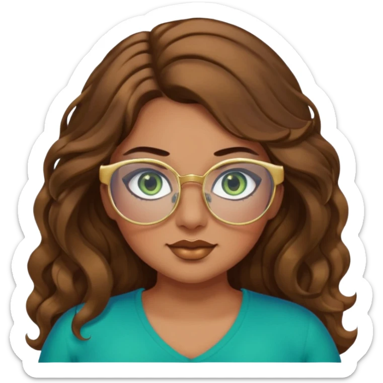 Girl girl long wavy brown hair, green/blue/gold eyes, plus size, thick eyelashes, tan skin, gold glasses sticker