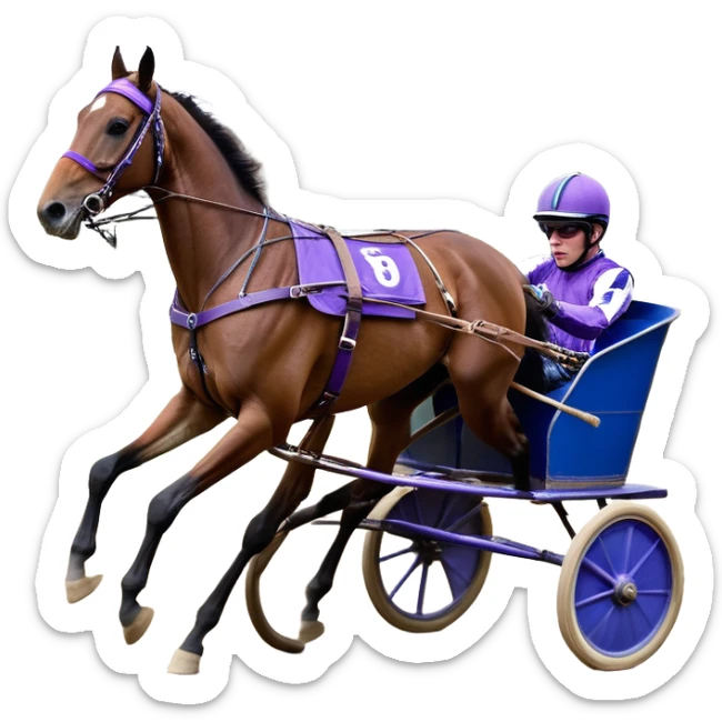 A high-speed harness racing scene featuring a powerful brown trotting horse. The sulky, a lightweight two-wheeled cart, is painted in blue and attached to the horse’s harness. A jockey, dressed in purple, is seated in the sulky, gripping the reins tightly and wearing a purple helmet with goggles. sticker