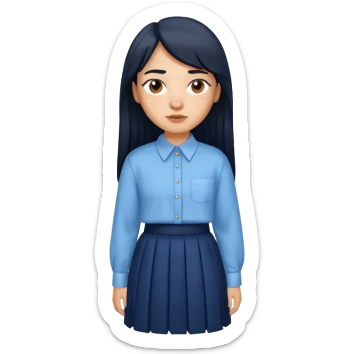 hair : black long hair with fringe 
skin : light with freckle
cloth : oversize light blue shirt + navy long long skirt 
 sticker