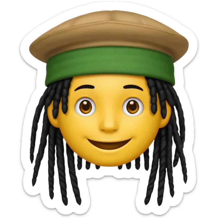 Yellow smile emoji with black dreads and a hat with yellow at the top red in the middle and green at the bottom sticker