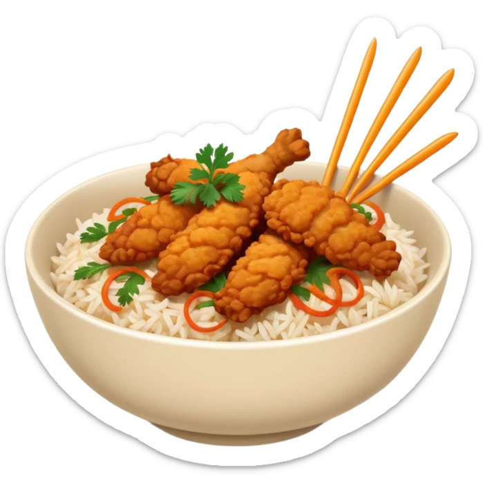 iOS-style minimal food emoji of a rice bowl with crispy fried chicken tenders, fried onions, sweet-and-sour sauce, and parsley garnish, smooth shapes, vibrant natural colors, clean vector-like rendering, transparent background. sticker