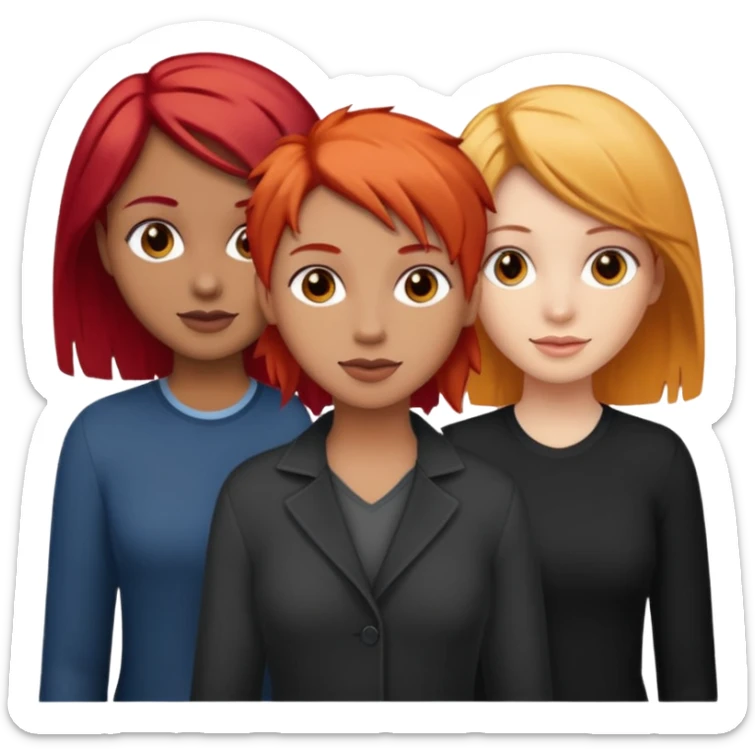 Can you create an image of 3 friends together one with red bright hair light skin one the other with brown hair with some blonde highlights in the hair fair skin the last one with light brown a tint of orange hair and black hair sticker