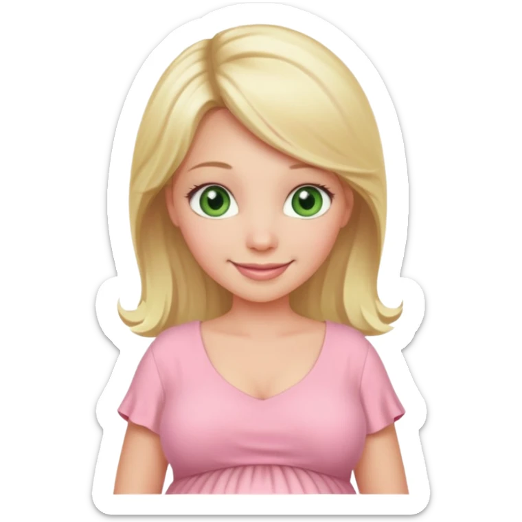 blond pregnant woman smiling in pink pale dress with green eyes sticker