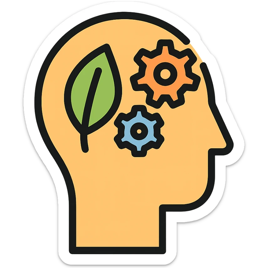 minimalist style, icon of head with gears and leaf, feeling of calm, mental health sticker