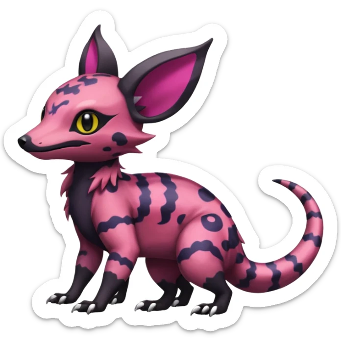 Rare epic aesthetic colorful Salandit-Noibat-Eevee-Civet-species-Fakemon-hybrid-creature, with markings, full body sticker