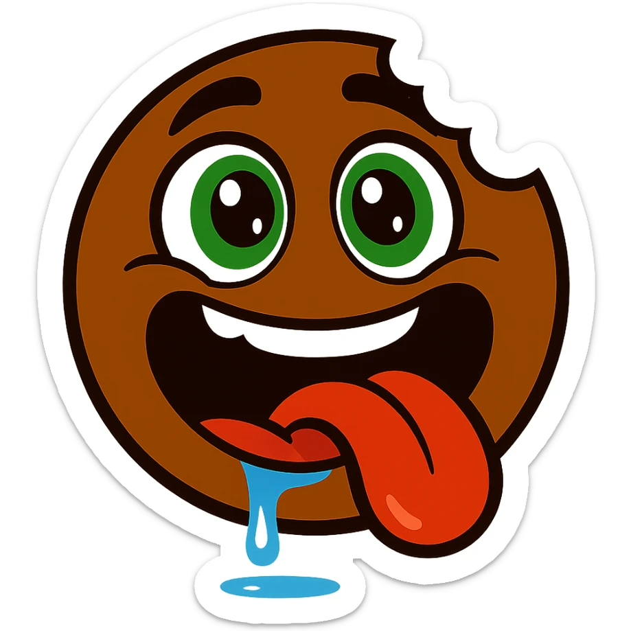 cartoon-style round emoji face in rich chocolate brown, big expressive green eyes looking upward with sparkles for excitement and hunger, mouth open wide in a goofy hungry smile, large bite taken out of the side, long bright red tongue hanging out, shiny blue drool dripping and pooling below, intense food craving expression, glossy, fun, exaggerated, bold and eye-catching, clean white background, suitable as a food brand mascot or emoji sticker