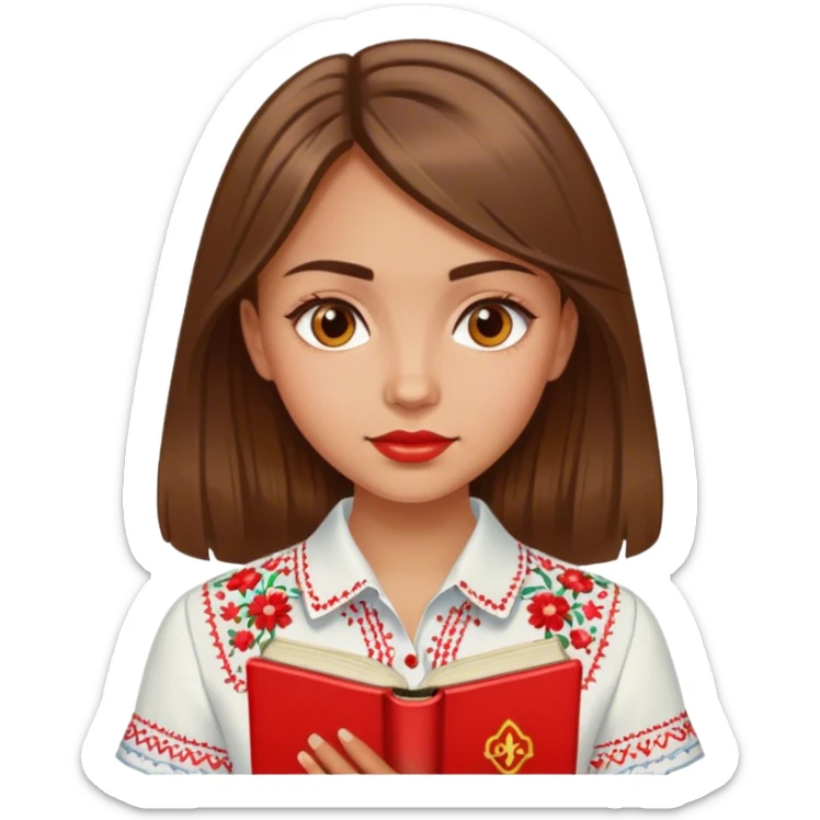 A Ukrainian girl with brown hair in an embroidered shirt reads a red book sticker
