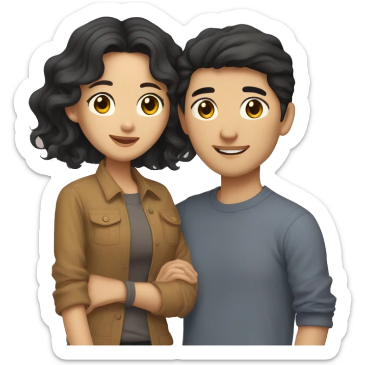 A half pale Asian man with short dark hair and amber eyes embracing and loving a half Asian woman with long wavy dark hair and dark hazel eyes. They love each other a lot And have good fashion taste. And are having a lot of fun sticker
