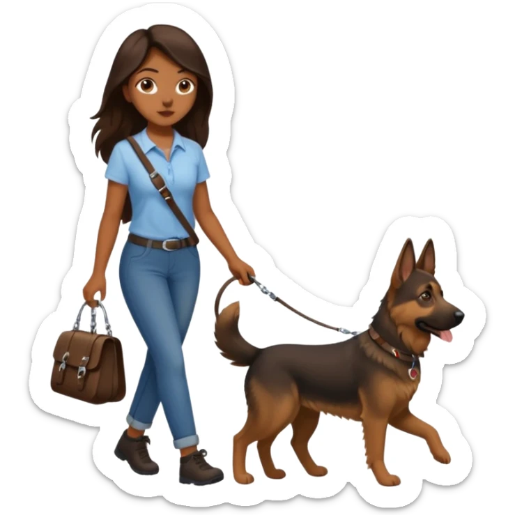 a girl with a brown dark long long hair, she's walking her dog is a german shepard sticker