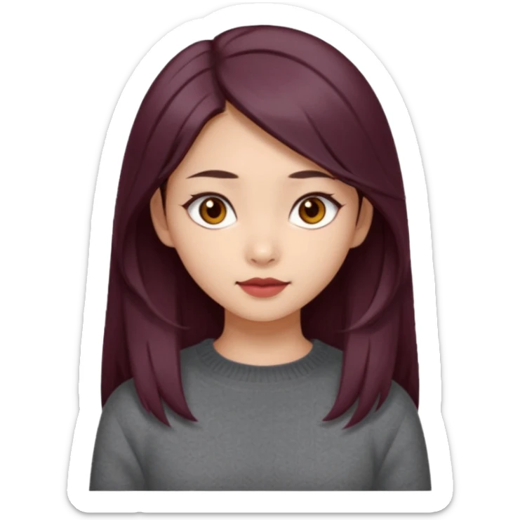 asian girl, long dark burgundy brown hair, hazel brown eyes, half lidded eyes, wolfcut hairstyle sticker