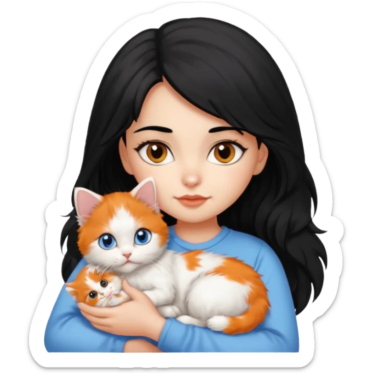 A girl black hair and brown eyes with A 2-month-old Persian-Angora mix kitten with blue eyes and mostly ORANGE fur with white patches sticker