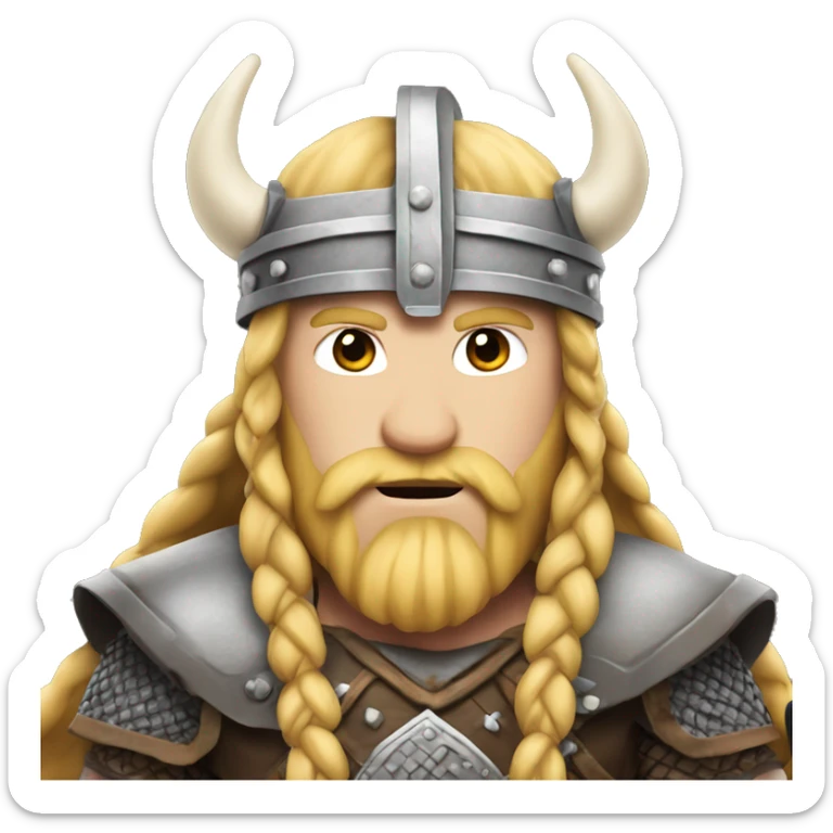 viking with long blonde hair and braids, white skin, wearing helmet with horns sticker