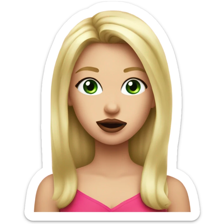 blonde girl and green eyes and pink pijame applies lipstick red apple emoji sticker