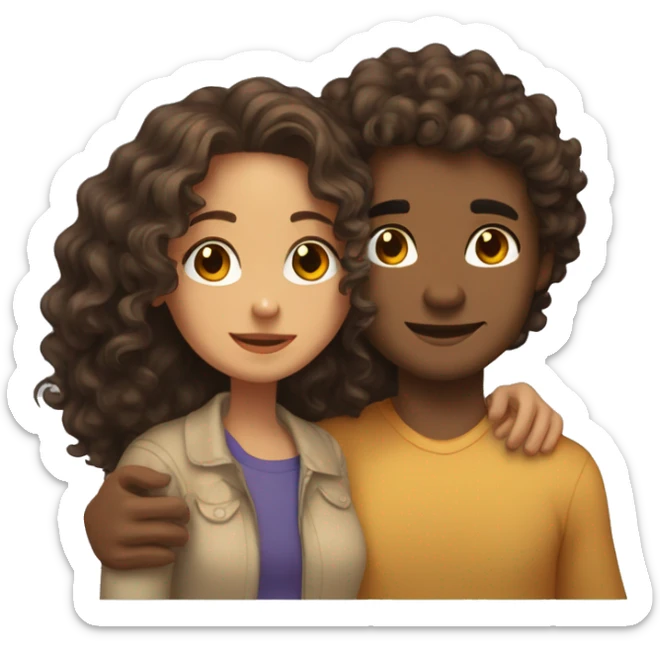 A girl with shoulder length curly hair and brown eyes hugging a dude with shoulder length curly hair that light skin and skinny sticker