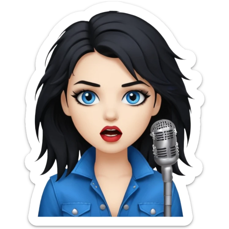 
 rockstar girl with black disheveled hair, blue eyes, Smokey eyes grunge makeup, singing  sticker
