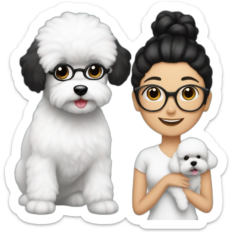 woman-black-hair-bun-with glasses-with bichon dog-white-smile-Christmas sticker