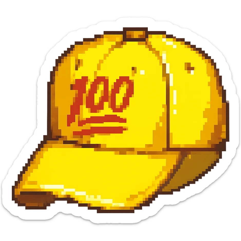 Embroider the red 100 emoji on the front of the yellow baseball cap in pixel art style, with no background. sticker