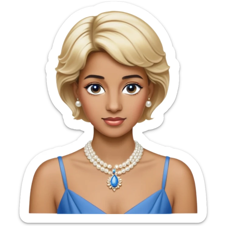 black woman with Princess Diana's iconic short blonde hairstyle, pearl necklace, and elegant blue dress sticker