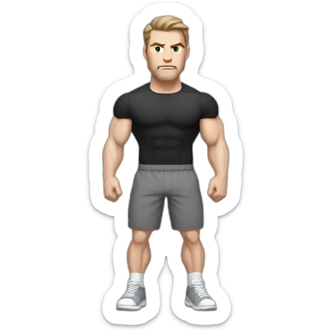 Angry Pale skinned Fit Man With the biceps and dark brown hair in black shirt, gray sports shorts and white Sneakers sticker