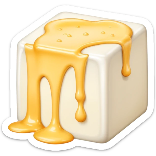 gooey white cheese melting in a white box, with hints of Président and Hochland cheese sticker