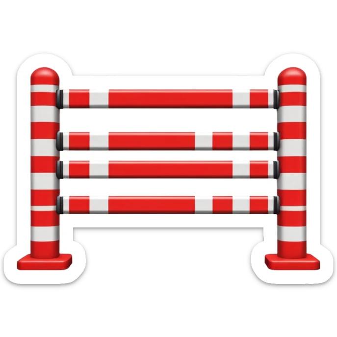 Flat emoji-style icon of a parking barrier gate (boom barrier).
Red and white striped horizontal arm, raised at a slight angle.
Simple geometric shapes, clean vector design.
No text, no background, transparent or plain background.
Bright colors, high contrast.
Centered object, minimal details. sticker
