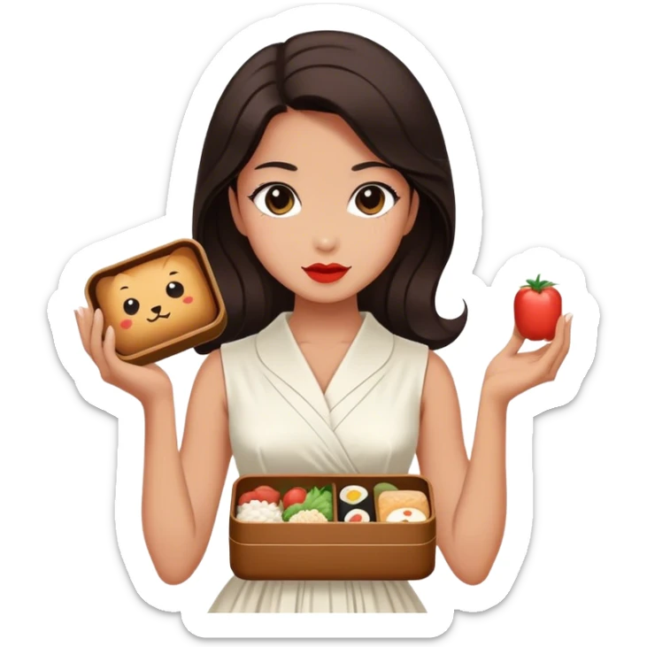 Beautiful woman in 1950’s woman fashion look, white dress, long dark brown hair, Japanese bento sticker