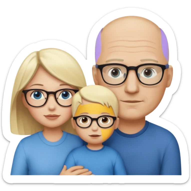 Eigene Familienbild mit 3 Personen; Mutter dunkle Augen und dunkle lange Haare mit Brille; Vater mit Glatze und Blaue Auge, kleinkind mit blonden Haaren und dunklen Augen sticker