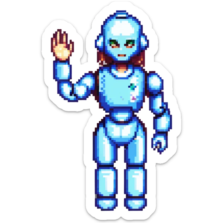 shoulders-up portrait of a cute female recruiter robot, 8-bit pixel art style, metallic, talking, one hand in the air as if presenting sticker