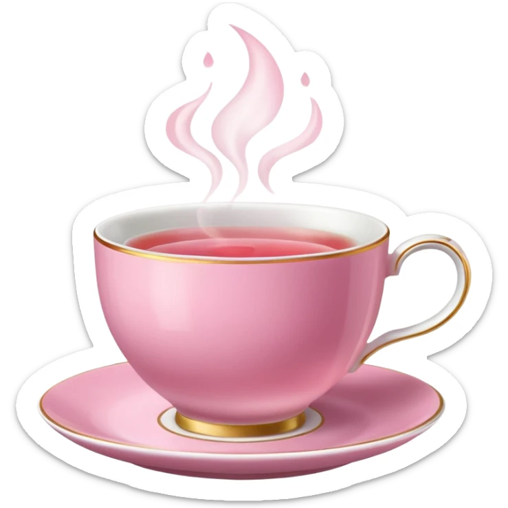 pink teacup filled with tea, placed on a matching pink saucer, with gentle steam rising from the cup.  sticker