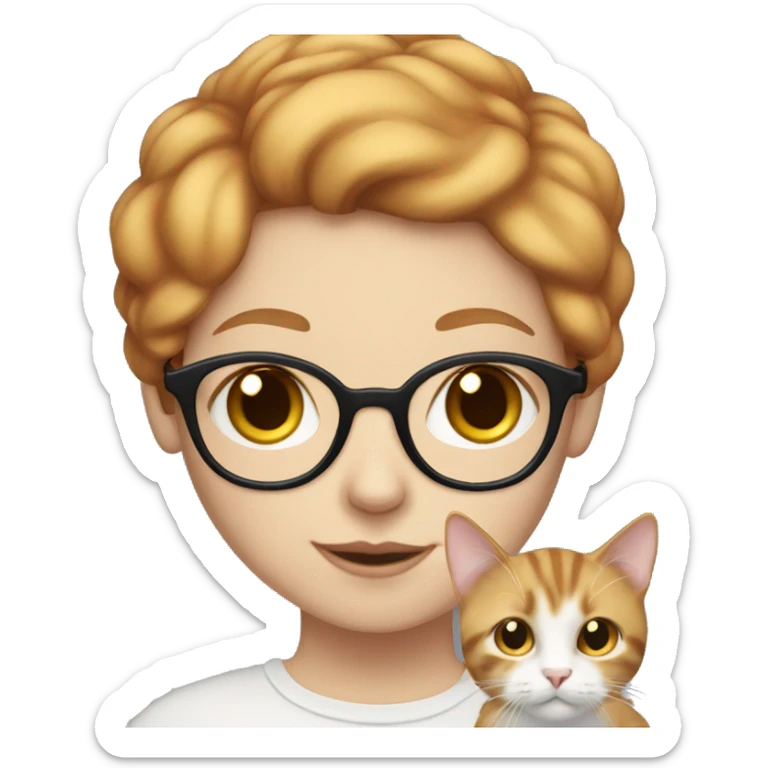 White skin, short strawberry-blonde haired girl with glasses holding calico cat sticker