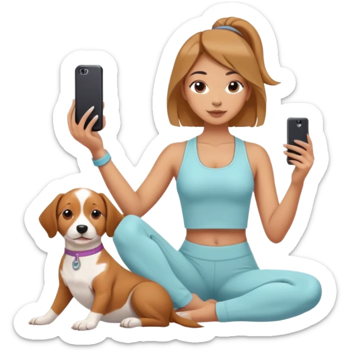 insta girlie doing yoga and taking selfie and puppy near her sticker